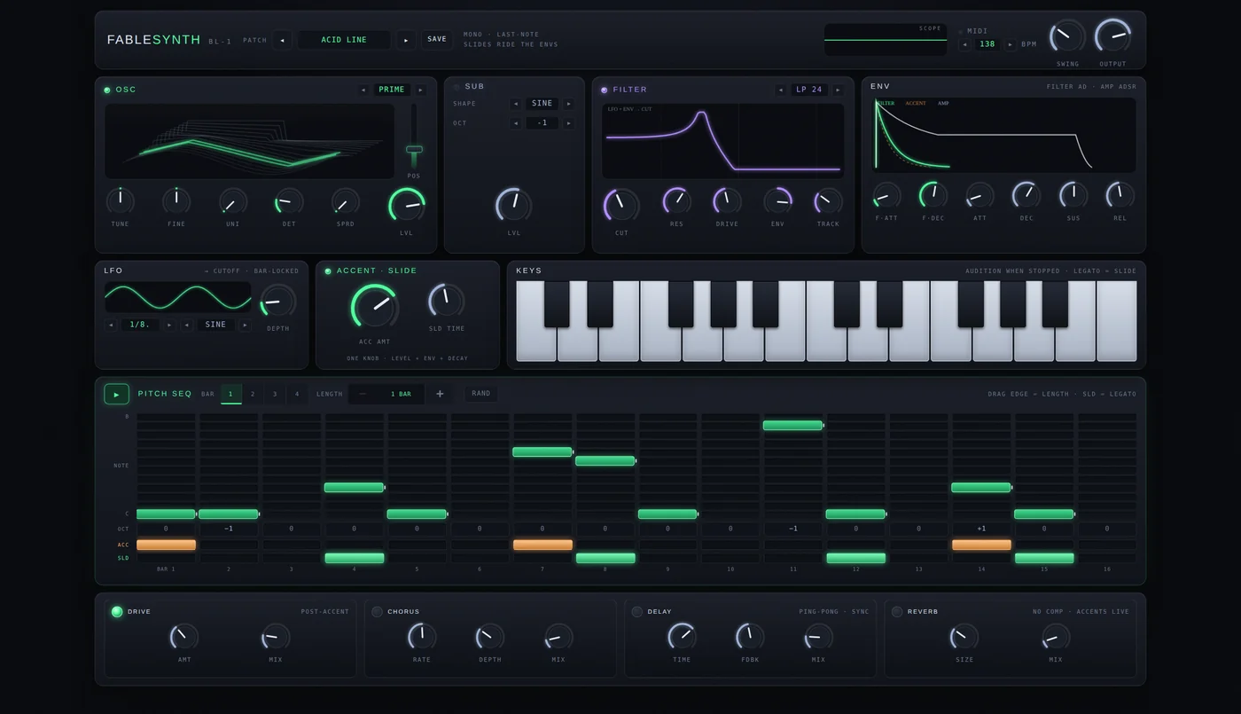 The BL-1 web rack: wavetable oscillator, resonant filter, accent and slide, and a 16-step pitch sequencer.
