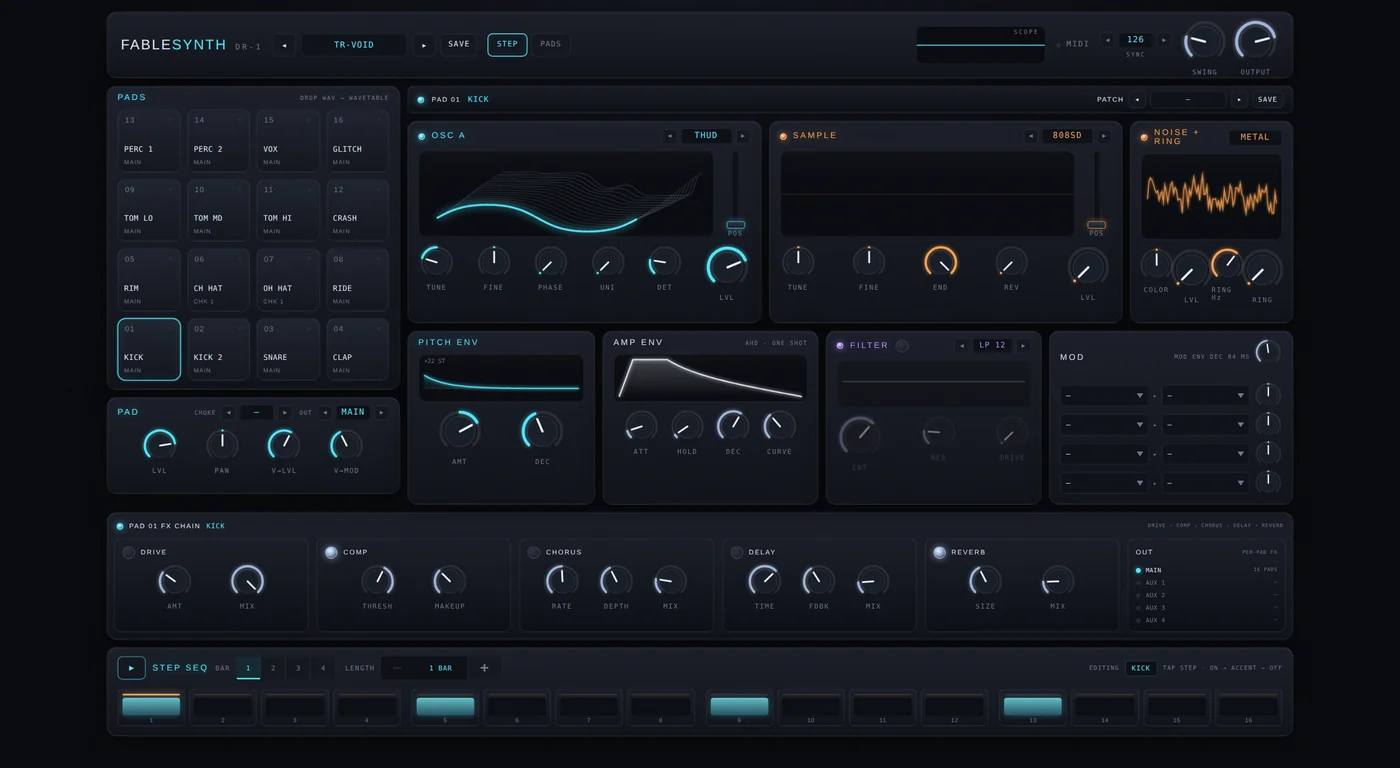 The DR-1 web rack: a 4×4 pad grid, wavetable and sample editors, per-pad envelopes and a 16-step sequencer.