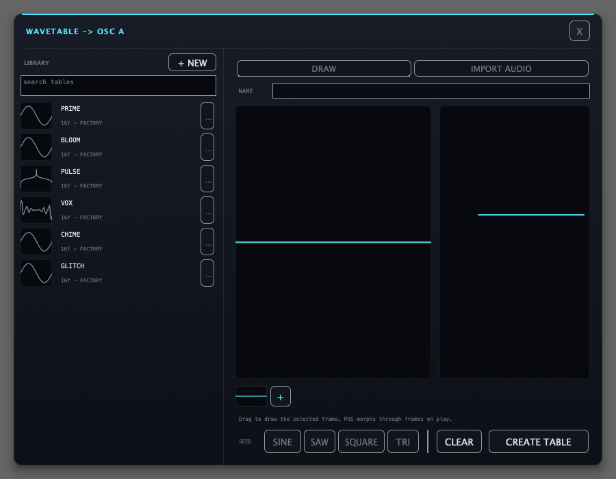 The wavetable editor: a library of tables on the left, a large canvas with Draw and Import Audio tabs, a frame strip, and seed buttons for sine, saw, square and triangle waveforms.