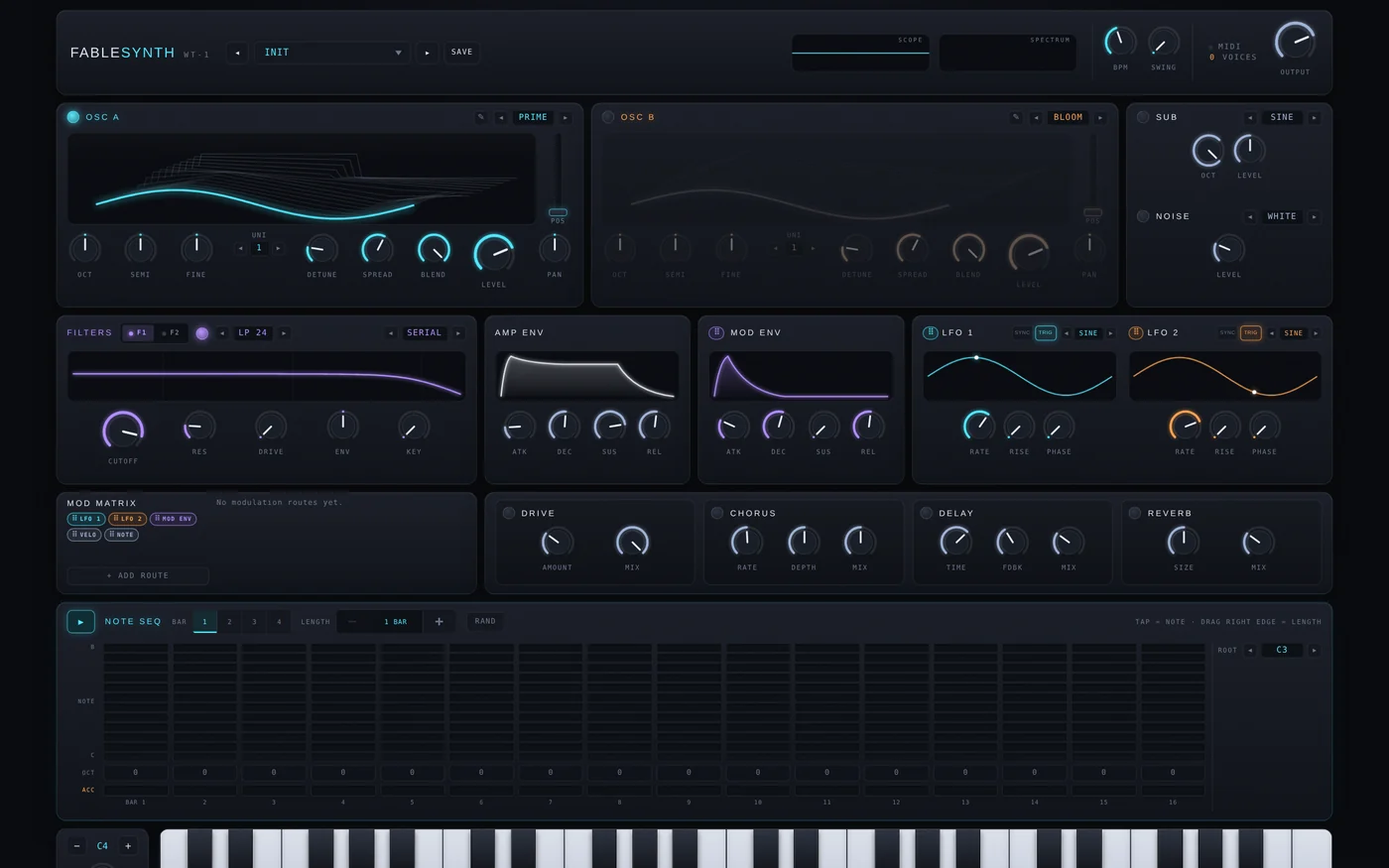 The WT-1 web rack: two wavetable oscillators, dual filter, envelopes, LFOs, mod matrix, FX and a note sequencer.